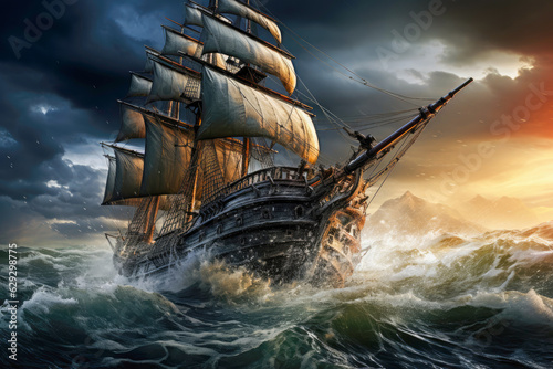 Print op canvas Pirate ship caught in a storm