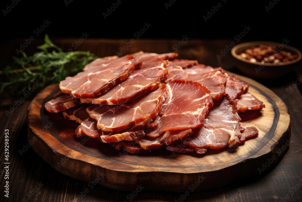 Stack of sliced smoked pork meat on a wooden cutting board.