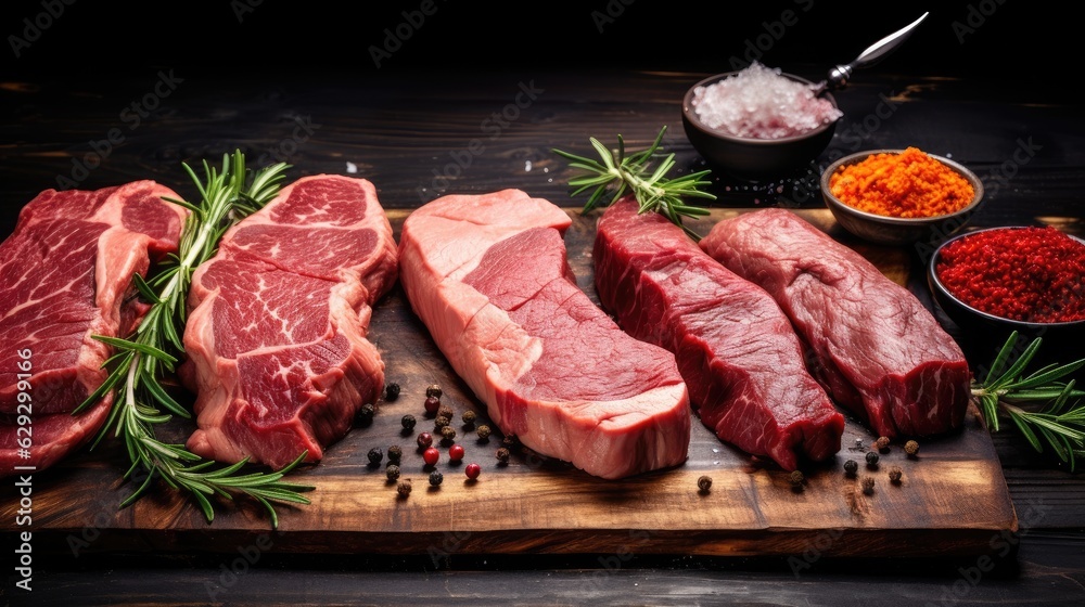 Wooden cutting board with raw steaks of different sizes and herbs.