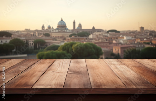 The empty wooden table top with blur background of a European city. © Sebastian Studio