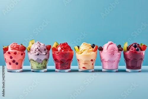 Row of glasses filled with different flavors of ice cream on a blue background.