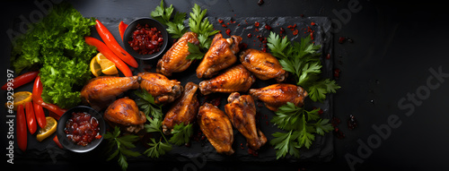 Grilled chicken wings from above on a black slate with copy space
