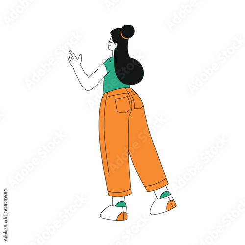 Woman Character Indicating Something Pointing with Index Finger as Hand Gesture Specifying Direction Vector Illustration