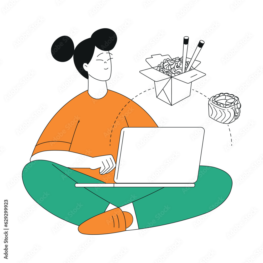 Naklejka premium Woman Character Sit with Laptop Use Food Delivery App to Order Vector Illustration