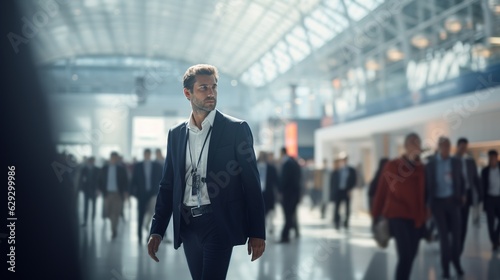 A Businessman walking in a trade fair, blurred people Abstract in business exhibition background in modern large exhibition hall. Generated with AI.