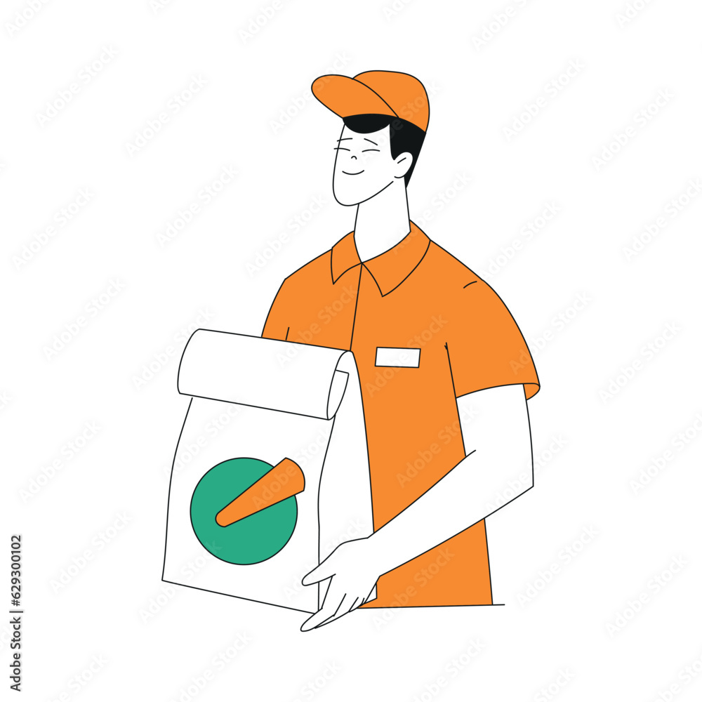 Food Delivery Service with Man Courier in Cap Holding Package Vector Illustration