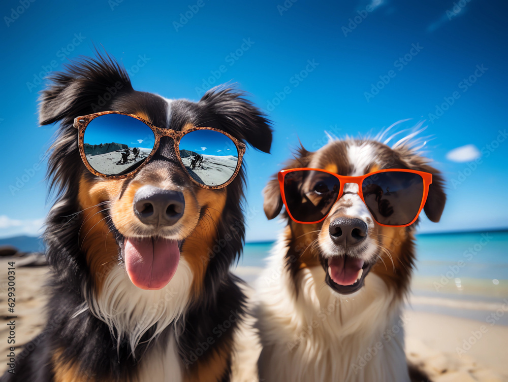 Two dogs are taking selfies on a beach wearing sunglasses, sunny day with blue water. 