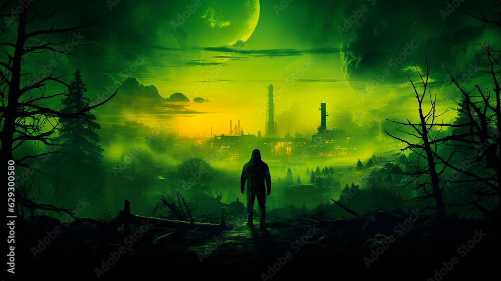 Stalker in a respirator against the background of a radioactive explosion. The city under the chemical cloud Background. High quality illustration