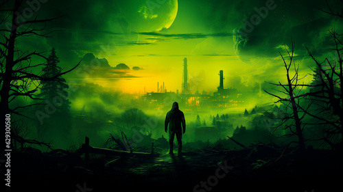 Stalker in a respirator against the background of a radioactive explosion. The city under the chemical cloud Background. High quality illustration