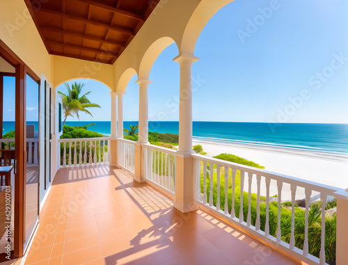 Living beach lounge - ocean villa on Sea view for vacation and summer, generative ai. Amazing nature, beach view, relax, vacation concept