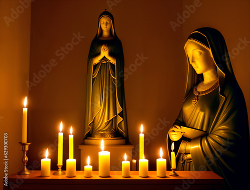 Statue of Mary with Candles Aligned in a Sanctuary, generative ai. Praying Virgin Mary statue at The Church. Religious background
