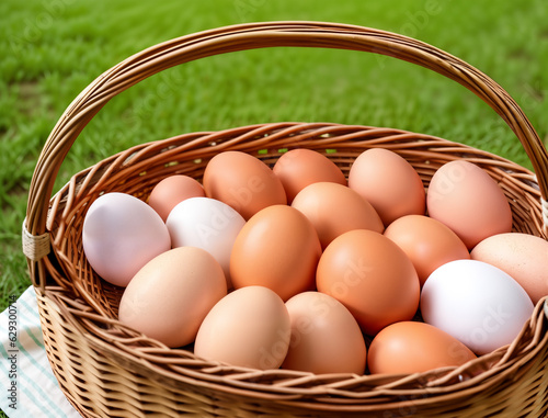 Raw fresh chicken eggs in a rustic wicker basket,  generative ai. Healthy food concept