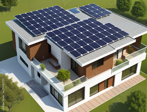 Modern house with solar panels on the roof,  generative ai. Alternative electricity source. Renevable energy green power