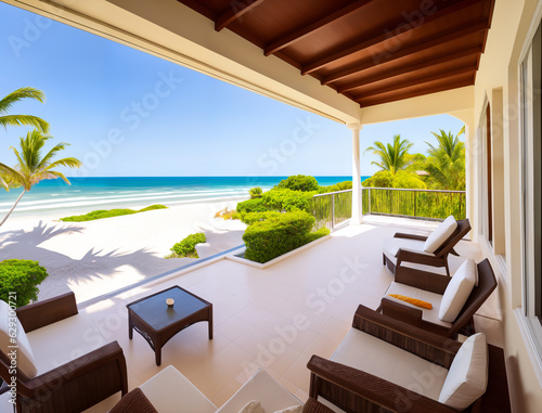 Living beach lounge - ocean villa on Sea view for vacation and summer, generative ai. Amazing nature, beach view, relax, vacation concept