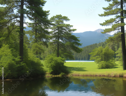 Tranquil atmospheric scenery with dense trees near the river, generative ai. Beautiful natural landscape