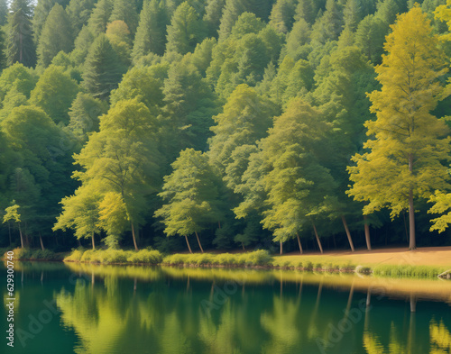 Tranquil atmospheric scenery with dense trees near the river, generative ai. Beautiful natural landscape