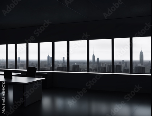Modern interior design of spacious office hall with wooden tables and city view from panoramic windows, generative ai. Concept of new office