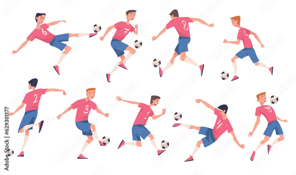 Man Footballer in Uniform Playing Football Pass Ball Vector Set Man Footballer in Uniform Playing Football Pass Ball Vector Set