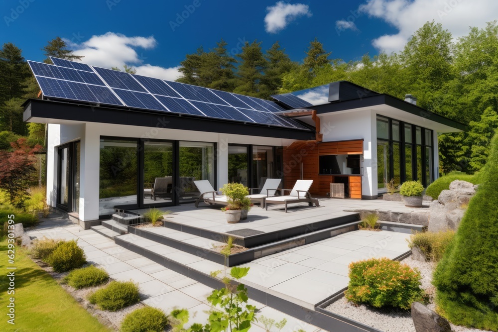 Moder house with photovoltaic pannels on house. Moder house with photovoltaic pannels on house.