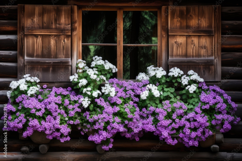 White and violet flowers covering window of wooden house