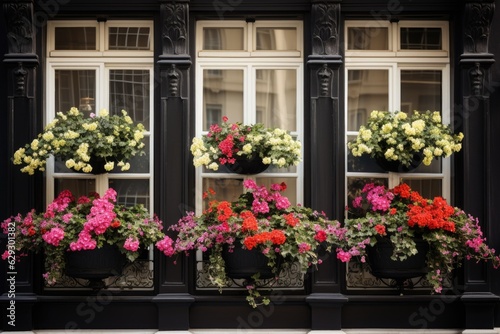 Beautiful blooming flowers in window boxes. © kardaska