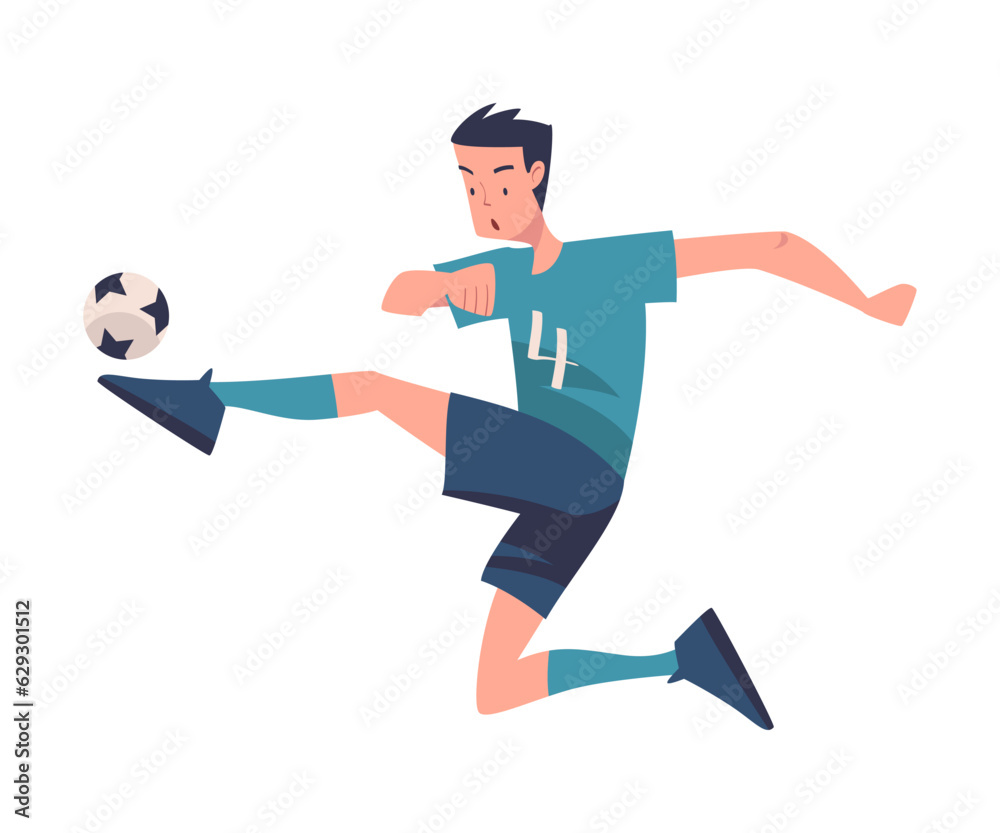 Man Footballer in Blue Uniform Playing Football Pass Ball Vector Illustration