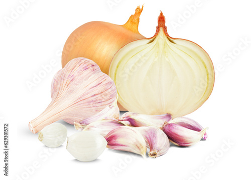 garlic and onion isolated on white background