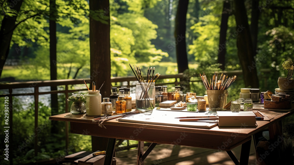 Art therapy in a natural setting, a serene outdoor studio with art supplies spread across the table, green forest background, soft sunlight