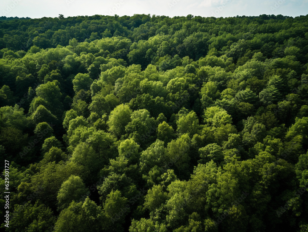 Bird's eye view of a lush forest, shot with a drone, vibrant, rich greens, natural light