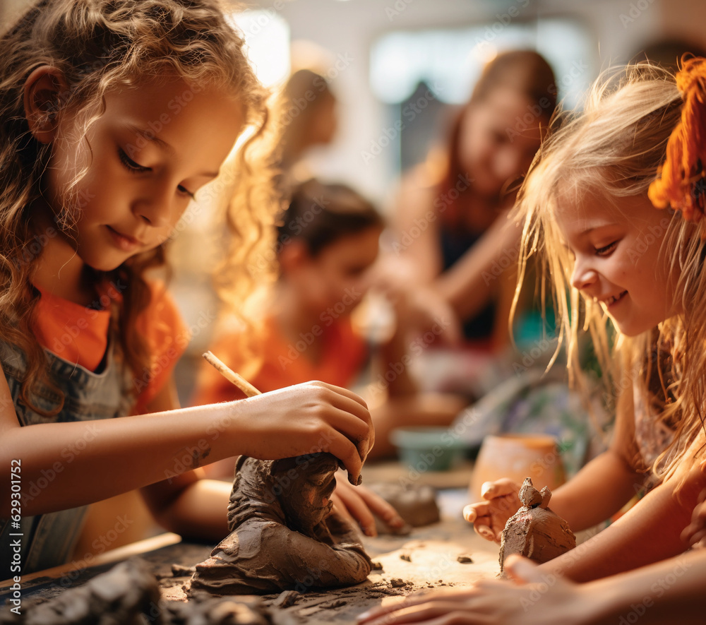 a young girl sculpting a clay model in an art therapy class, focusing ...