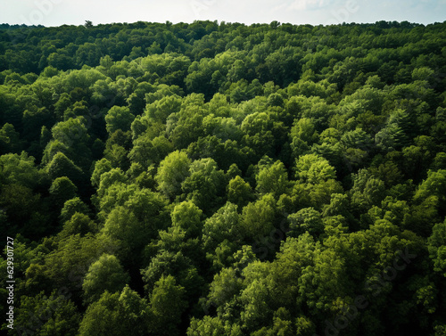 Bird's eye view of a lush forest, shot with a drone, vibrant, rich greens, natural light