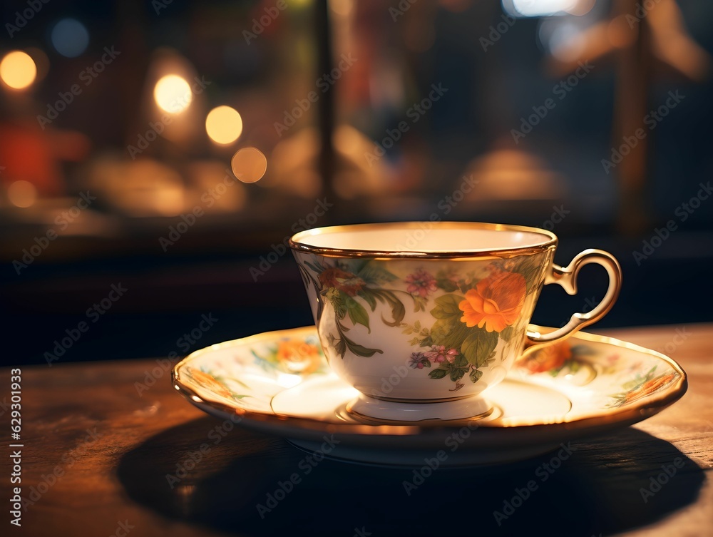 Obraz premium Coffee in a decorated cup, ornements, gold, tea in a fancy teapcup, golden spoon, smoke, porcelain, arabic, chineese, espresso, smoking coffee, close up shot of a cup of coffee, cup of tea