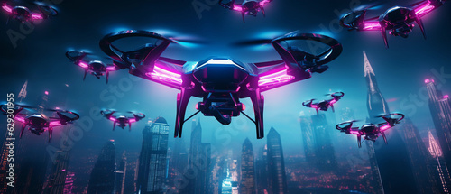 Fleet of drones in formation, neon grid background, futuristic, cyberpunk style, vivid lighting © Marco Attano