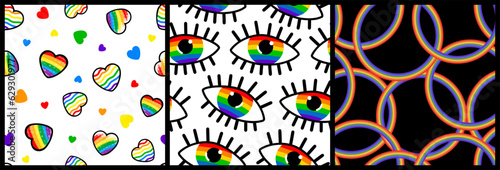 Set of seamless patterns for LGBT Pride Month. Brushstroke LGBTQ+ flag.