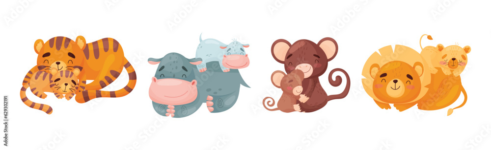 Mom Animal Cuddling with Its Little Cub as Parent Love and Care Vector Set Mom Animal Cuddling with Its Little Cub as Parent Love and Care Vector Set