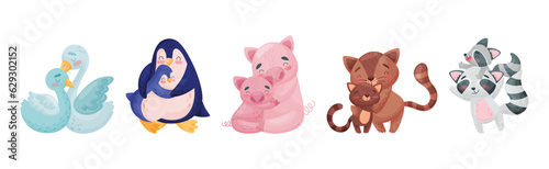 Mom Animal Cuddling with Its Little Cub as Parent Love and Care Vector Set