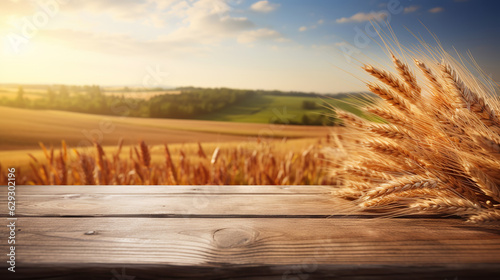 Ripe wheat harvest And Empty wooden table with rural background. Selective focus on tabletop. Generative AI illustration