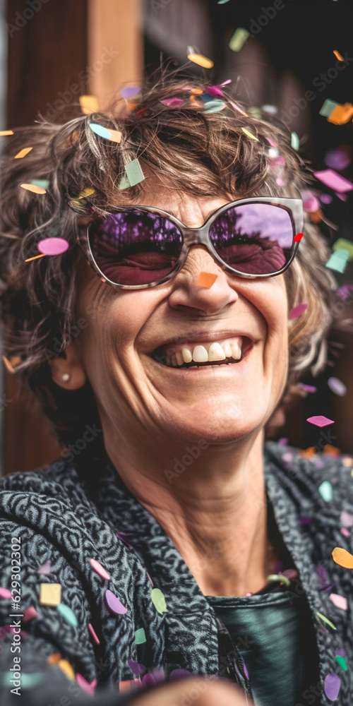 Happy laughing senior woman granny grandmother with sun glasses and falling confetti on pink background. Modern old lady with smile. Generative AI.