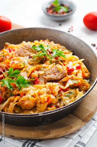 Stewed Cabbage with Meat and Vegetables, Comfort Food, Tasty Meal