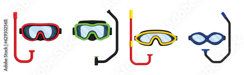 Watertight Diving Goggles and Snorkeling Tube for Swimming Underwater Vector Set