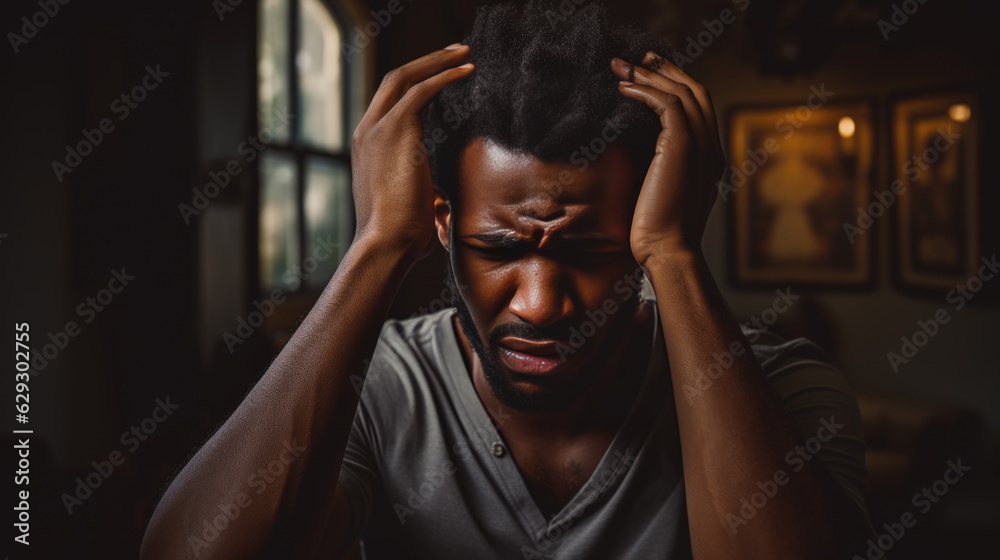 Man sits on the couch at home and suffers from a headache. Man sits on the couch at home and suffers from a headache.