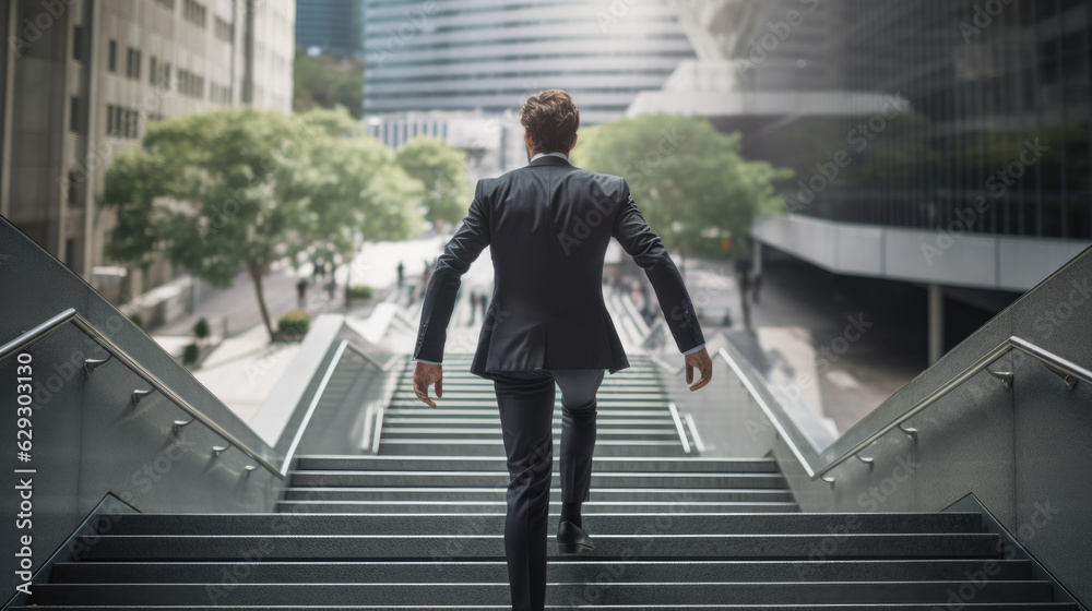 Ambitions concept with businessman climbing stairs Ambitions concept with businessman climbing stairs