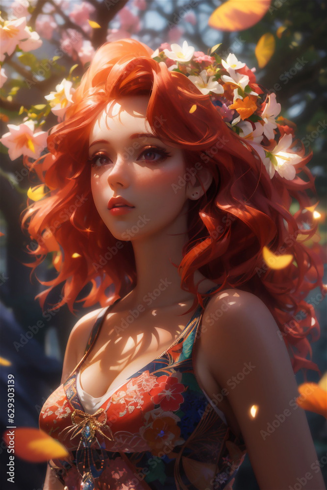 A beautiful and charming fantasy woman with flowers dress. Beautiful woman with orange hair in floral dress and background with flowers.