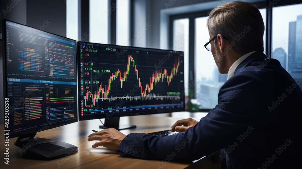 Stock Trader Man Using Multiple Monitors while working at night. Back view. Stock Trader Man Using Multiple Monitors while working at night. Back view.