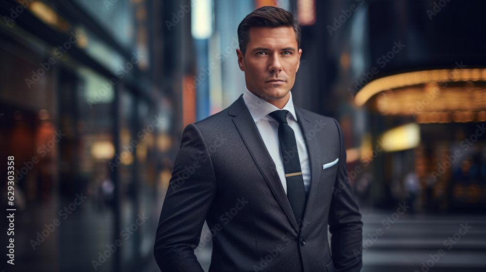 Successful businessman in a suit stands on a city street against the background of a business district with skyscrapers.