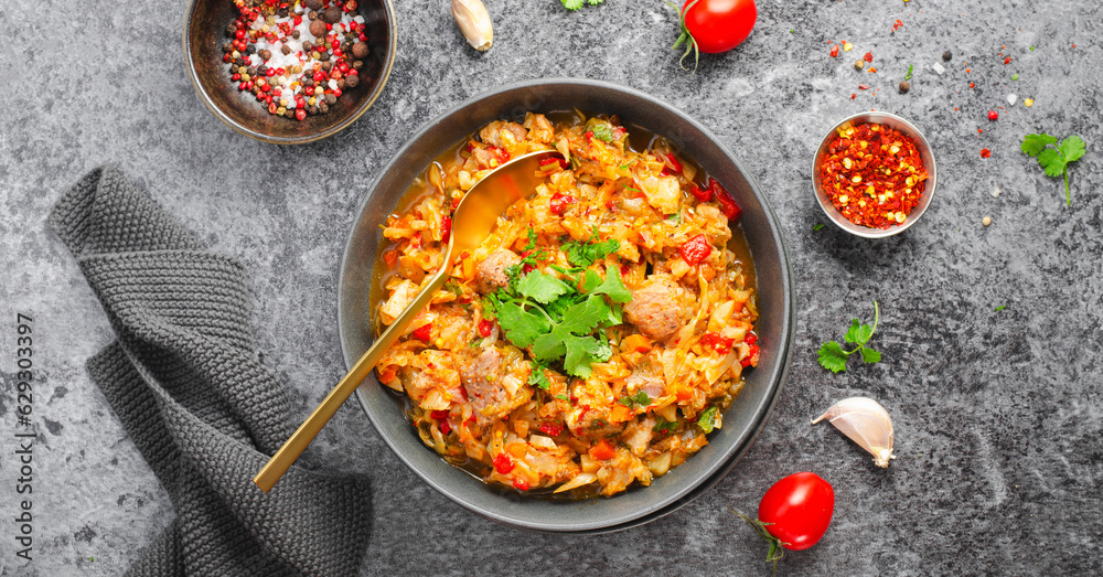 Stewed Cabbage with Meat and Vegetables, Comfort Food, Tasty Meal Stewed Cabbage with Meat and Vegetables, Comfort Food, Tasty Meal