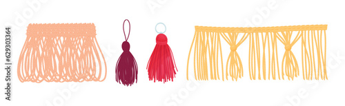 Tassel for Fabric and Clothing Decoration with Braided Cord and Yarn Skirt Vector Set