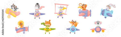 Cute Baby Animals Pilot Flying Plane Vector Set