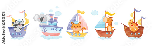 Fototapeta Naklejka Na Ścianę i Meble -  Cute Animals in Sailor Hats Boating and Sailing Vector Set