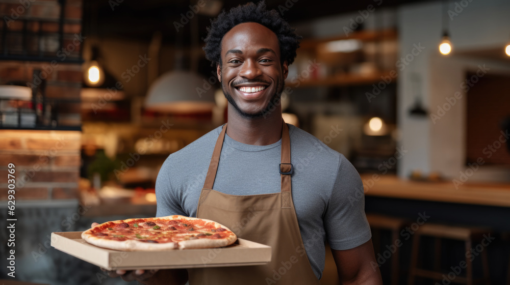 An African American male chef holds a finished pizza from the oven.